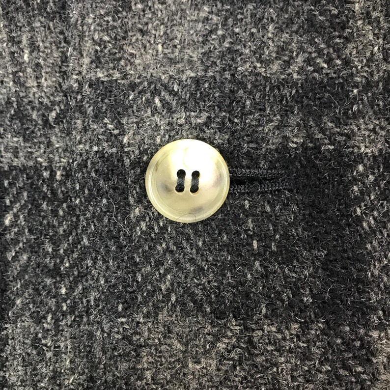 May include: A close-up shot of a light-coloured button with two holes, attached to a textured, dark grey fabric. The button is round and has a slightly translucent look, contrasting with the darker background.