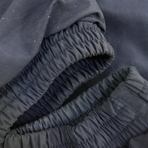May include: Close-up of navy blue fabric, showcasing the elasticized cuffs of a garment. The fabric has a slightly textured appearance, with visible stitching and gathered details. The image highlights the design and construction of the clothing item.