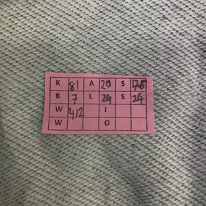 May include: A pink rectangular tag with black text and a grid pattern. The tag contains the letters K, B, W, A, L, S, and W, along with numbers. The background is a light grey, textured fabric.