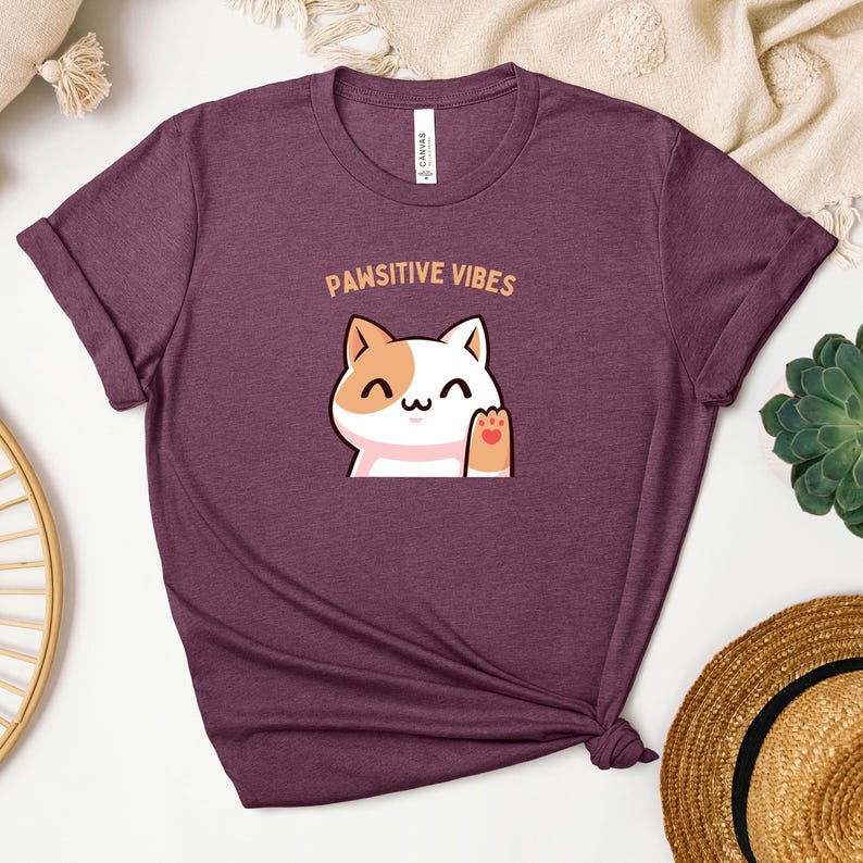 Cute Cat 'Pawsitive Vibes' T-Shirt Print, Pet Lovers Gift, Cat Mom Shirt, Positive Vibe T-Shirt, Animal Lover Apparel image 2