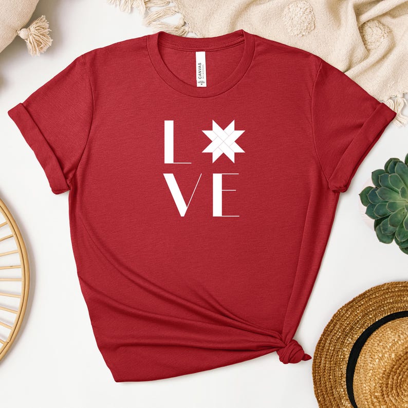 Half Sleeve T-Shirt, Love Print, Star Quilt Block, Black on White