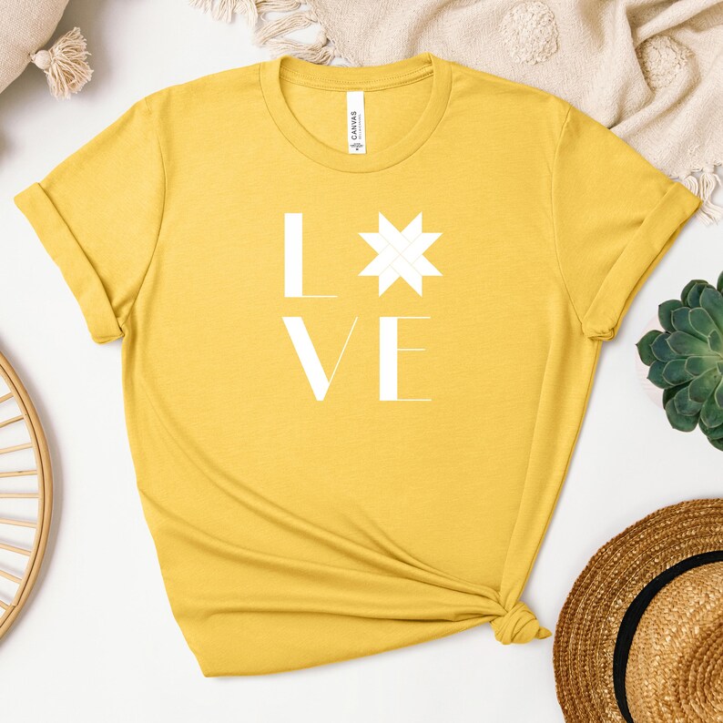 Half Sleeve T-Shirt, Love Print, Star Quilt Block, White on Red