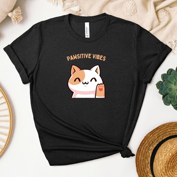 Cute Cat 'Pawsitive Vibes' T-Shirt Print, Pet Lovers Gift, Cat Mom Shirt, Positive Vibe T-Shirt, Animal Lover Apparel