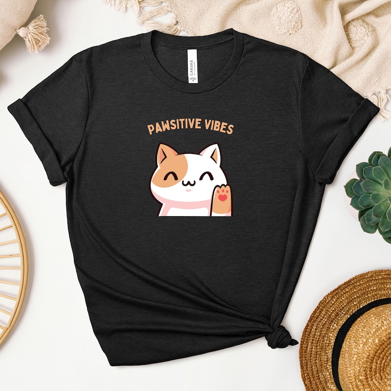 Cute Cat 'Pawsitive Vibes' T-Shirt Print, Pet Lovers Gift, Cat Mom Shirt, Positive Vibe T-Shirt, Animal Lover Apparel image 1