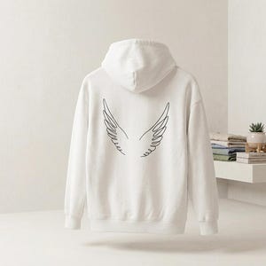 Könnte beinhalten: Ein weißer Kapuzenpullover mit einer schwarzen Strichzeichnung von Engelsflügeln auf dem Rücken. Der Hoodie hat eine Kapuze und lange Ärmel. Die Flügel sind stilisiert und symmetrisch, wobei jeder Flügel aus mehreren gebogenen Linien besteht.
