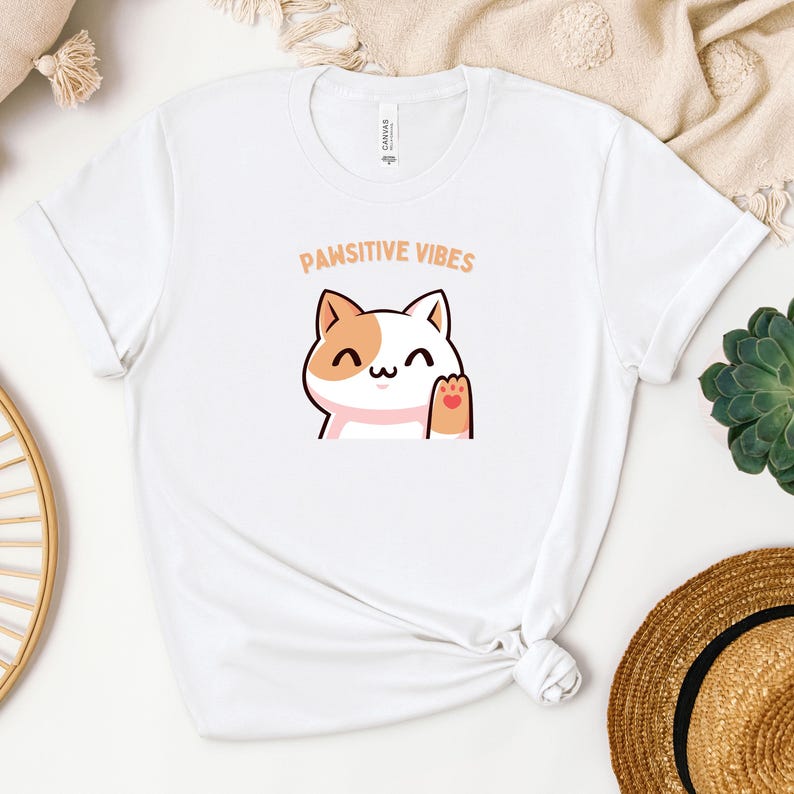 Cute Cat 'Pawsitive Vibes' T-Shirt Print, Pet Lovers Gift, Cat Mom Shirt, Positive Vibe T-Shirt, Animal Lover Apparel image 4
