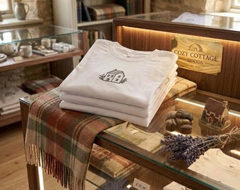 May include: A stack of white t-shirts with a house graphic, displayed on a glass shelf with a plaid blanket. The shirts are part of the "Cozy Cottage Goods" collection, as indicated by a sign. Other items include a miniature house and lavender.