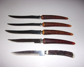 Group of Vintage 1960's - 70's Steak Knives Imitation Stag Bone Handles. Made in England & Japan - Kitchen Collectible Cooking Utensil