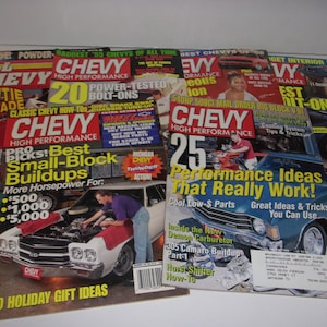 May include: A collection of vintage "Chevy High Performance" magazines. The covers feature images of classic cars, with headlines like "20 Power-Tested Bolt-Ons" and "Performance Ideas That Really Work!"