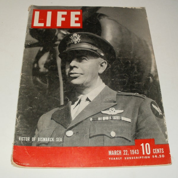 Vintage Life Magazine March 22 1943 - Victor of Bismark Sea Cover - Art, WW2 Era Vintage Ads, Scrapbooking, Paper Ephemera