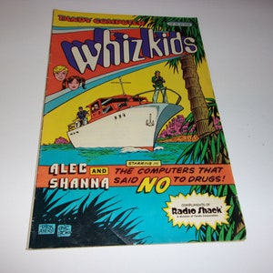 May include: A vintage comic book cover for "Whiz Kids" featuring a boat on the water, palm trees, and the text "Alec and Shanna Said No to Drugs!" Compliments of Radio Shack.