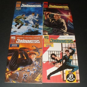 May include: Four comic books featuring the title "Shadowmasters" with various action-packed illustrations. The covers display dynamic scenes of martial arts and combat, with vibrant colors and bold lettering. The comics are from Marvel Comics.
