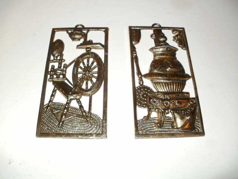 Group of Small Brass Vintage Wall Hangings, Decorative, Display, Colonial, Kitchen Art, Craft image 1