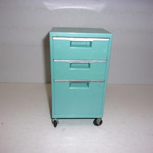 May include: A small, teal-colored metal cabinet with three drawers and silver-colored handles. The cabinet sits on four small black wheels. The overall design is simple and functional, suitable for storage.