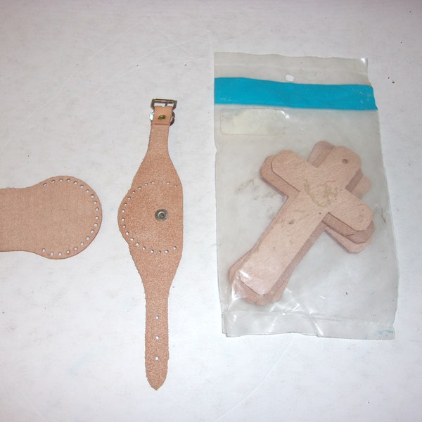 Vintage Assorted Tandy Leather Items, Wristband, Crosses, Bookmarks, Unfinished