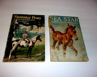 Pode incluir: Dois livros infantis vintage. O primeiro, "Summer Pony" de Jean Slaughter Doty, mostra um menino montando um cavalo malhado. O segundo, "Sea Star, Orphan of Chincoteague" de Marguerite Henry, mostra um potro marrom.
