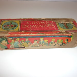 Vintage 1930&#39;s Wooden Crown Dominoes in Original Box - Shabby Chic Collectible Retro Look Fun Game