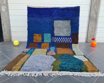 Handmade Blue Moroccan Rug: Abstract Berber Wool Carpet