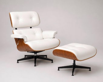 Eames Style Lounge Chair and Ottoman – White Leather & Walnut Veneer Mid Century Modern Chair