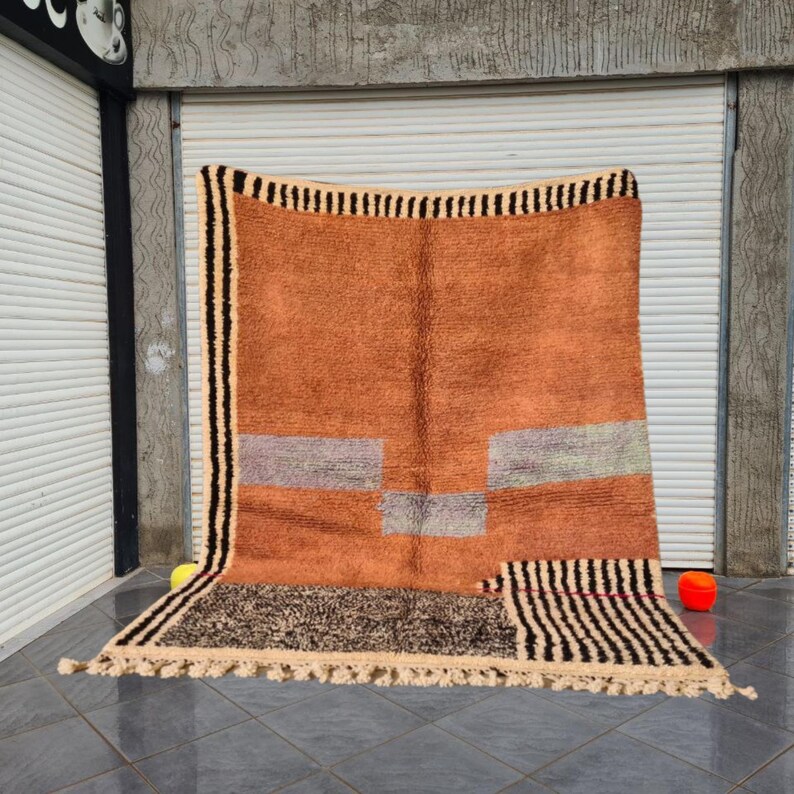Moroccan Wool Rug - Terracotta Area Rug - Handwoven Boho Carpet - Striped Wool Floor Decor - Soft Natural Wool Rug - Orange Custom rug