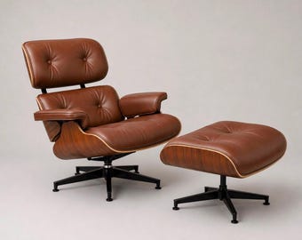 Sillón y otomana estilo Eames – Cuero marrón y chapa de nogal. Sillón moderno de mediados de siglo.
