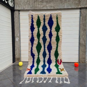 Colorful Moroccan Wool Rug, Handmade Beni Ourain and Azilal Berber Carpet, Geometric Boho Tribal Design, Custom Rug, Green and blue Rug