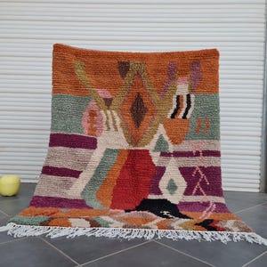 Handmade Moroccan Wool Rug in Vibrant Orange, Authentic Berber Carpet, Unique Geometric Design, Boho Style, Soft and Colorful Decor