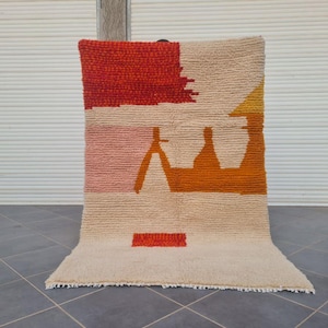 Minimalist Moroccan Wool Rug, Handmade Abstract Berber Carpet in Neutral and Earthy Tones, Modern Artistic Wall or Floor Decor,