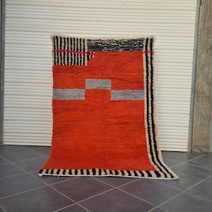 Moroccan Wool Rug - Terracotta Area Rug - Handwoven Boho Carpet - Striped Wool Floor Decor - Soft Natural Wool Rug - Orange Custom rug