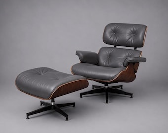 Eames Style Lounge Chair and Ottoman – Gray Leather & Walnut Veneer Mid Century Modern Chair