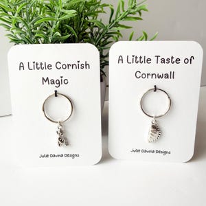 May include: Two keyrings on white cards. One reads "A Little Cornish Magic" and features a small figure charm. The other says "A Little Taste of Cornwall" and has a pasty charm. The cards are displayed in front of a green plant.
