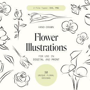 Blumen Zeichnung Bundle, SVG Blumen, Blumen Clipart, Feine Linie Florals SVG, handgezeichnete botanische PNG, Hochzeit Blumenzeichnungen, kommerzielle Nutzung