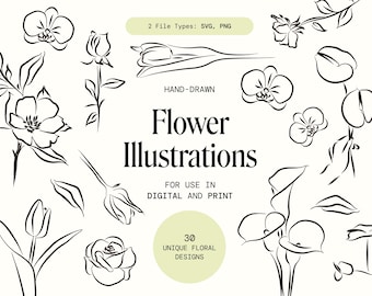 Fine Line Flower SVG Bundle: Hand-Drawn Floral Clipart (PNG, SVG)