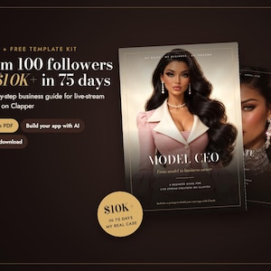 Puede incluir: Un libro electrónico en PDF de 84 páginas y kit de plantillas titulado From 100 followers to $10K+ in 75 days, una guía de negocios para creadores de live-stream en Clapper. La portada muestra a una mujer con blazer rosa y cuello blanco.