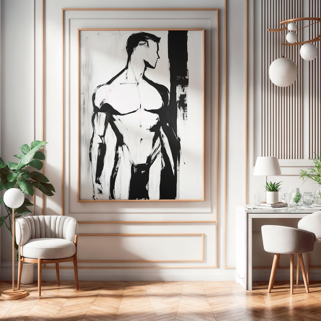 Male Body Art Print Nude Male Figure Drawing, Black Ink Nude, Minimal