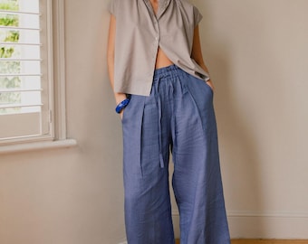 Pantalones de lino holgados con cordón ajustable en color arándano / Pantalones de lino de pierna ancha