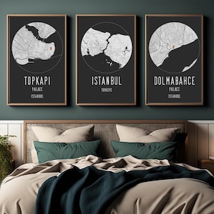 Istanbul Map Print 3er Set - Stadtplan, Topkapi & Dolmabahce Palast | Digitaler Download Wandkunst | Minimalistische Schwarz-Weiß-Poster