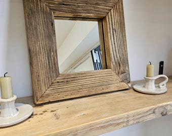 Handcrafted rustic square mirror made from recycled wood and finished in a medium brown bri wax