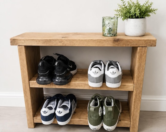 Handcrafted rustic reclaimed wood shoe bench and hallway storage
