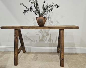 Handmade solid narrow ‘A frame’ trestle bench made from recycled wood.