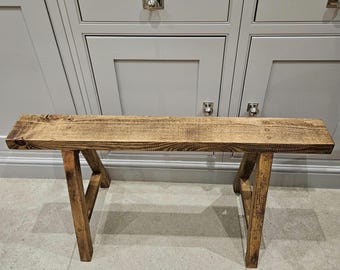 Handmade narrow ‘A frame’ trestle bench made from recycled wood.