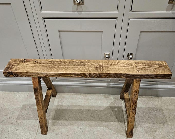 Handmade narrow ‘A frame’ trestle bench made from recycled wood.
