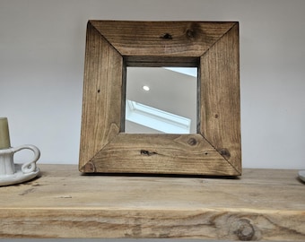 Handcrafted rustic square mirror made from recycled wood and finished in a medium brown bri wax