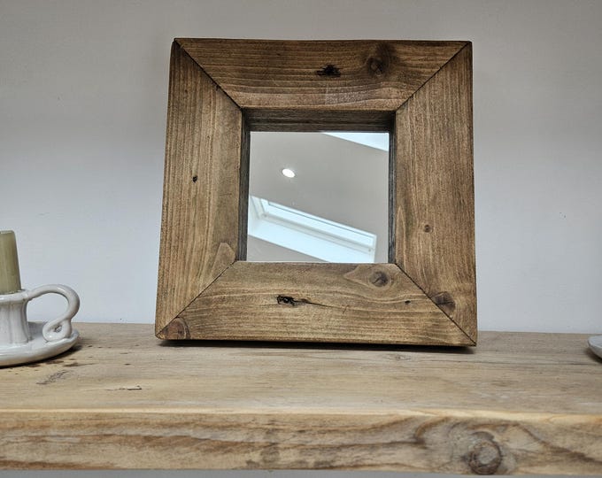 Handcrafted rustic square mirror made from recycled wood and finished in a medium brown bri wax