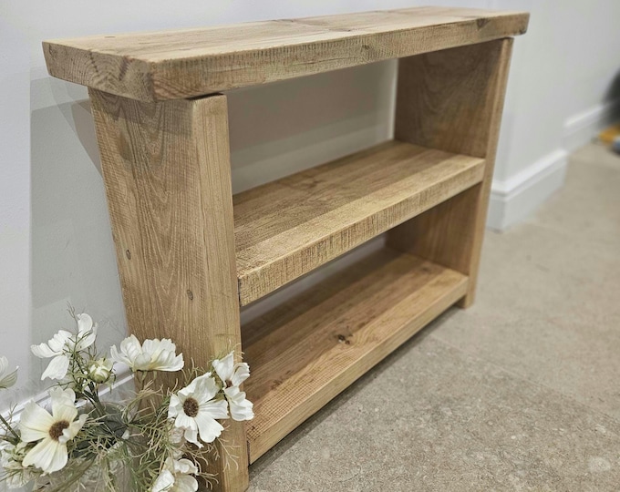 Handcrafted rustic recycled shoe bench / hallway storage finished with a medium brown wax.