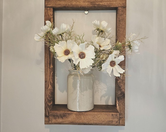 Rustic, handmade, frame display shelves.