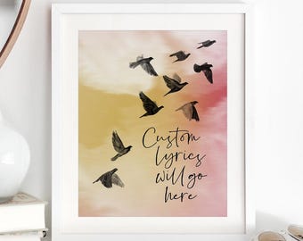 Custom Song Lyric Wall Art Print - Custom Quote Poster - Birds Flying In A Pink Sky Artwork - Personalized Mother&#39;s Day Gift For Her