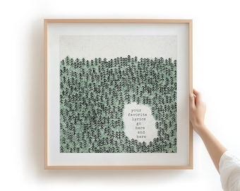 May include: A square framed print featuring a dense forest pattern of small black pine trees over a light green textured background. A white, cloud-shaped negative space in the center contains the black text: your favorite lyrics go here and here.