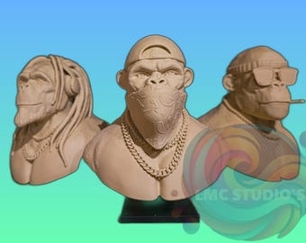 Singe urbain imprimable en 3D - Voir, entendre, dire le mal en STL | Modèle personnalisable pour la décoration intérieure