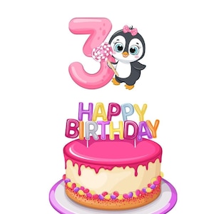3e carte d'anniversaire pour fille, pingouin mignon avec gâteau, chien en montgolfière et baguette étoilée, « Que votre journée soit magique », anniversaire de petite fille de 3 ans